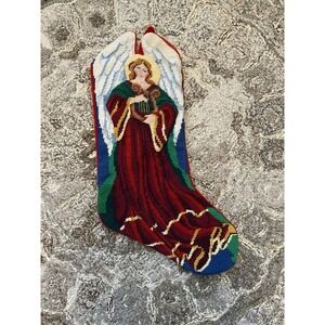 Vtg Needlepoint Christmas Stocking Angel Harp Stocking Beaded Red